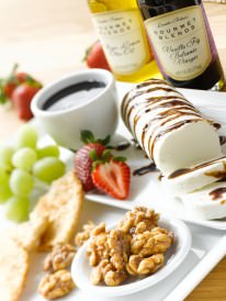 Iris' Fruit Platter and Goat Cheese Log with Vanilla Fig Balsamic Vinegar and Walnuts with Meyer Lemon Infused Olive Oil