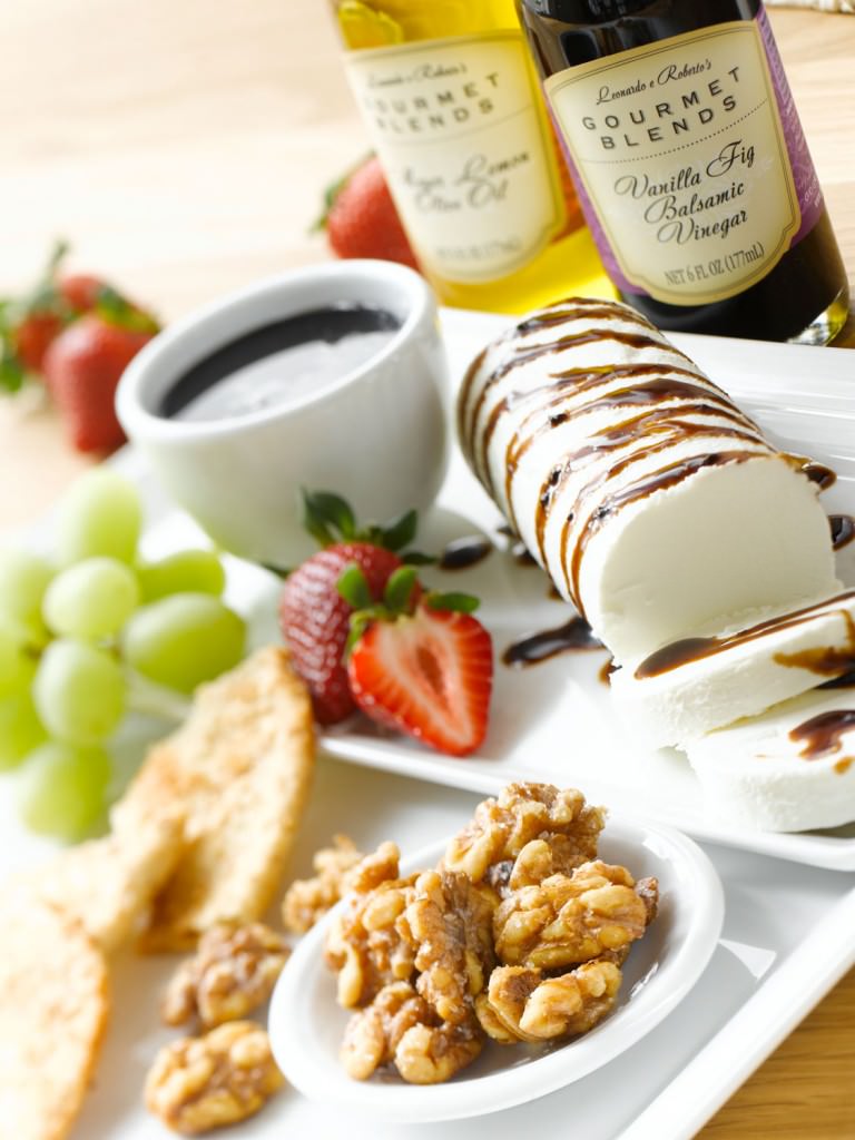 Iris' Fruit Platter and Goat Cheese Log with Vanilla Fig Balsamic Vinegar