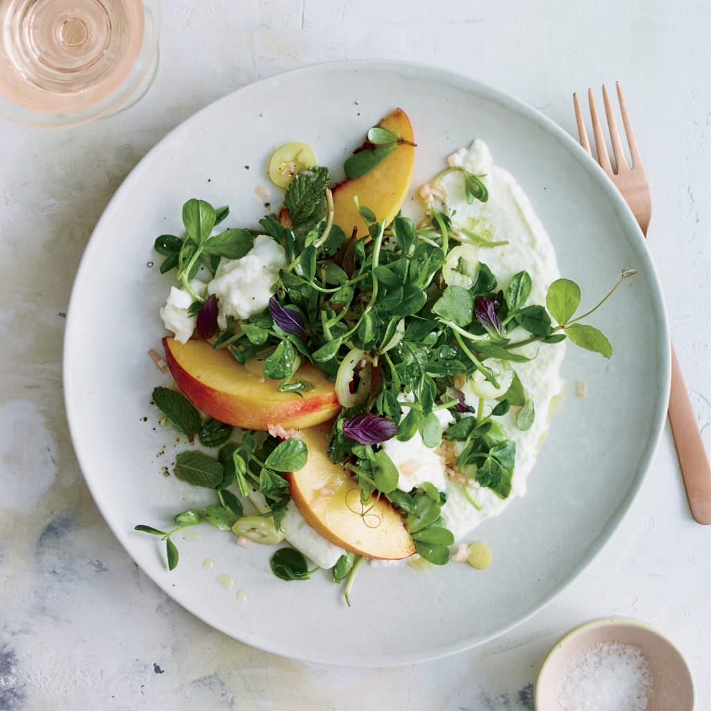 Burrata Salad with Peaches:: Pickled Peppers and Pea Tendrils Beauty + A150402 Food & Wine + Best New Chefs + July 2015